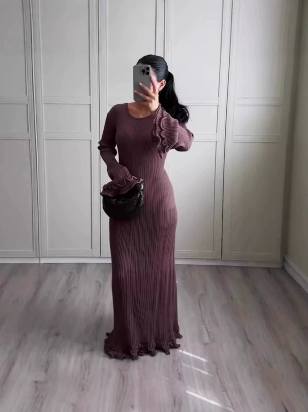 Zara Pleated Flounce Backless Lace Up Long Sleeve Dress